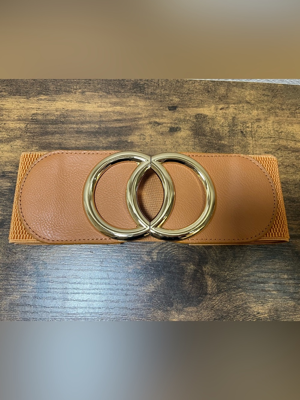 Wide Tan faux Leather Y2K cinch waist Belt with Gold Double-Ring Buckle